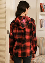 Women's Hooded Flannel Shirt Button Up Plaid Hoodie with Hand Pockets