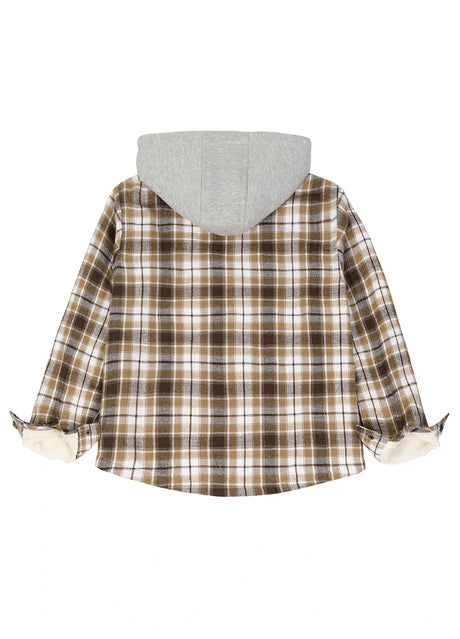 Back view of kids mocha white fleece-lined hooded flannel plaid jacket