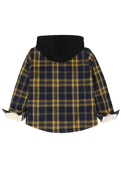 Back view of kids fleece-lined snap hooded flannel plaid jacket