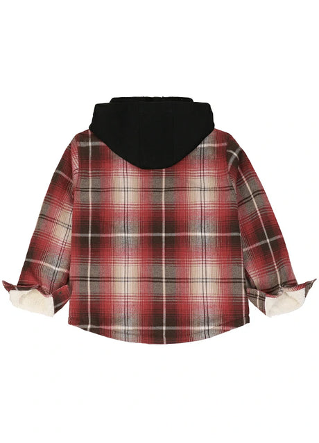 Back view of kids crimson shadow fleece-lined snap hooded flannel plaid jacket