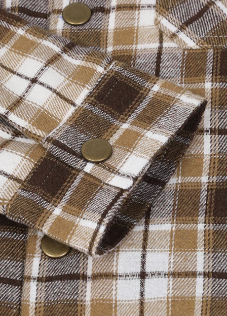 Close-up of cuff with button on kids mocha white fleece-lined flannel jacket