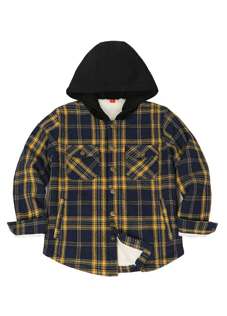 Front view of kids fleece-lined snap hooded flannel jacket