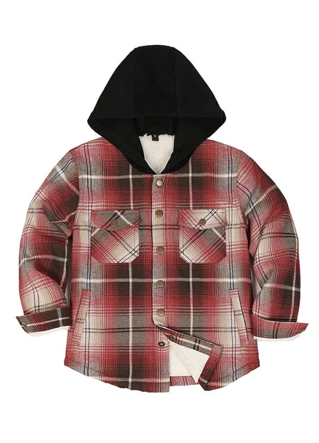 Front view of kids crimson shadow fleece-lined snap hooded flannel jacket