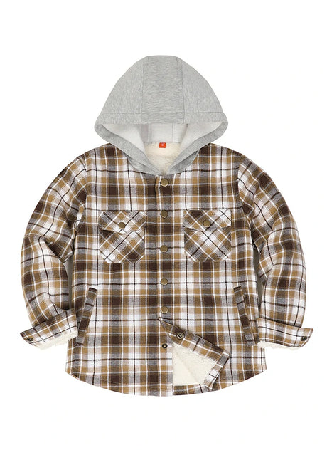 Front view of kids mocha white fleece-lined snap hooded flannel jacket