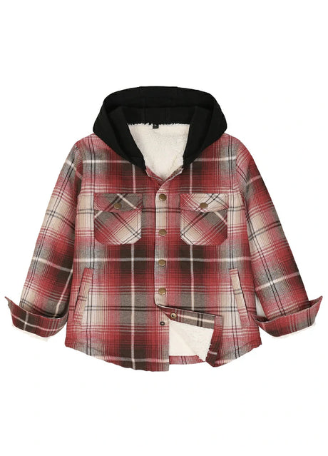 Front view of kids fleece-lined crimson shadow flannel jacket