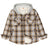 Front view of kids fleece-lined mocha white flannel jacket