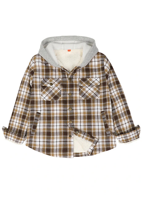 Front view of kids fleece-lined mocha white flannel jacket