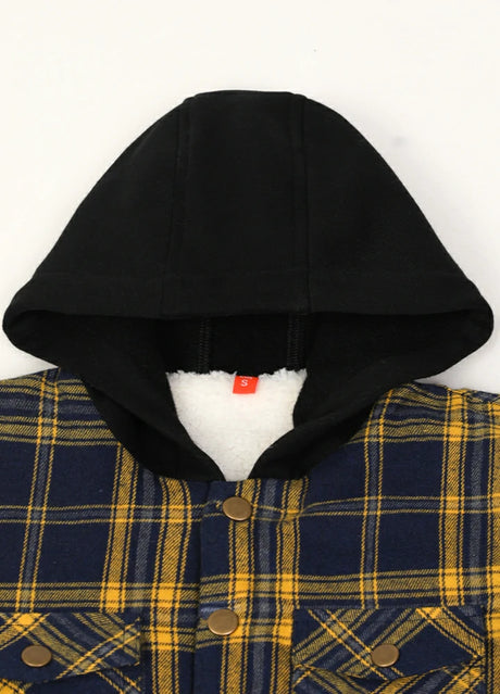 Detail of boys and girls fleece-lined snap flannel jacket with cozy hood