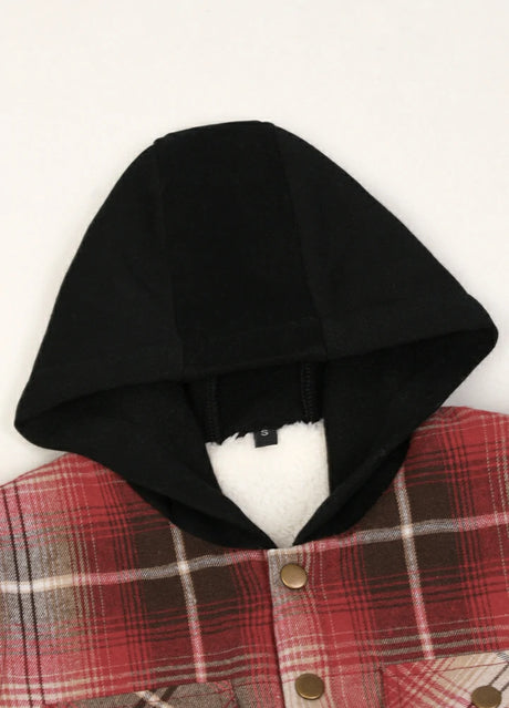 Detail of boys and girls crimson shadow flannel jacket with cozy hood