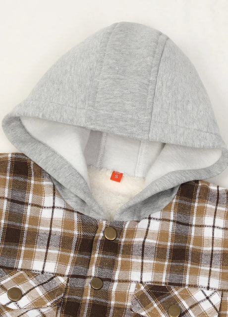 Detail of boys and girls mocha white flannel jacket with cozy hood