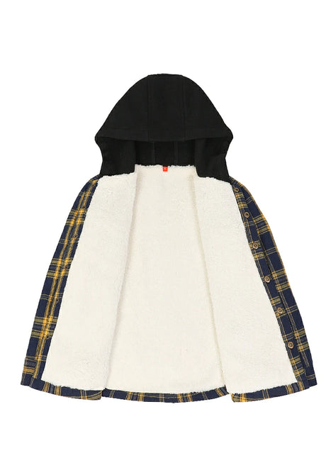 Soft fleece-lined detail on kids snap hooded plaid flannel jacket