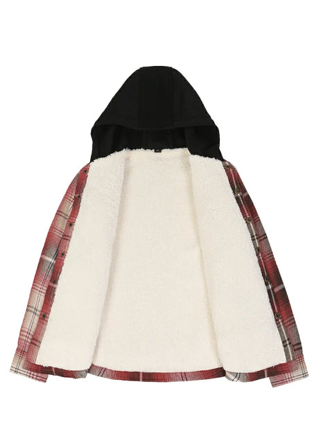 Soft fleece-lined detail on kids crimson shadow hooded plaid flannel jacket