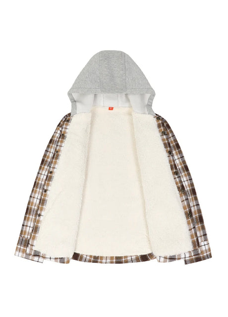 Soft fleece-lined detail on kids mocha white hooded plaid flannel jacket