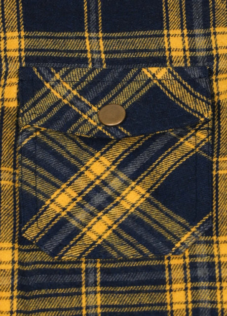 Detail view of kids hooded flannel plaid jacket pocket with button