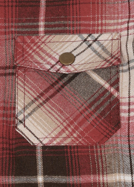 Detail view of kids crimson shadow flannel plaid jacket pocket with button