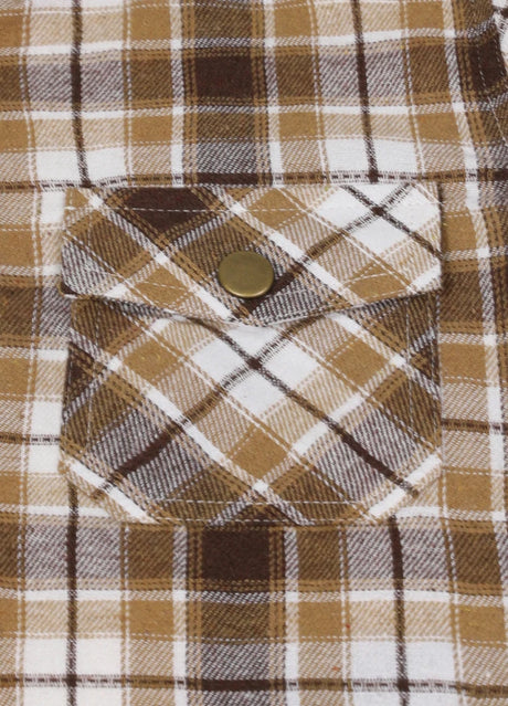 Detail view of kids mocha white flannel plaid jacket pocket with button