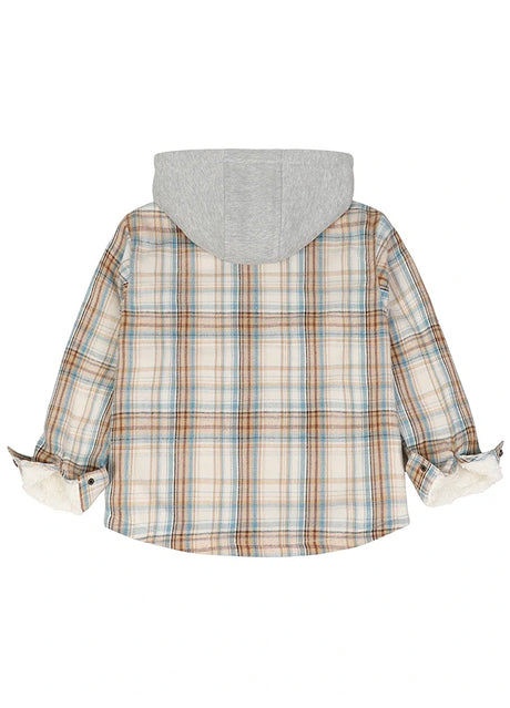 Back view of kids blue beige hooded flannel plaid jacket