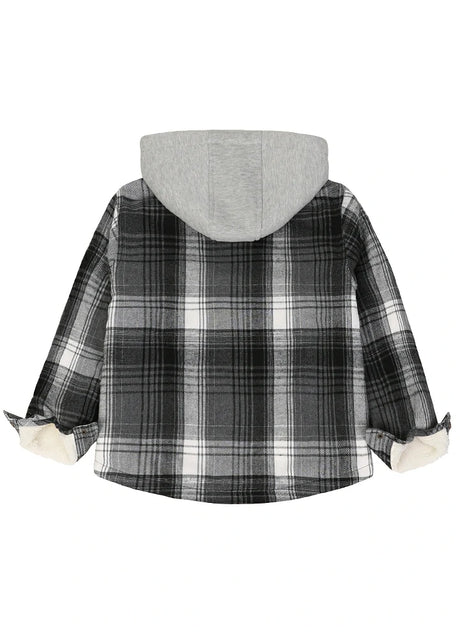 Back view of kids slate gray hooded flannel plaid jacket