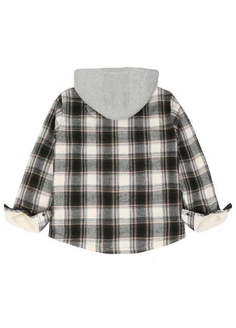 Back view of kids white plaid hooded flannel plaid jacket