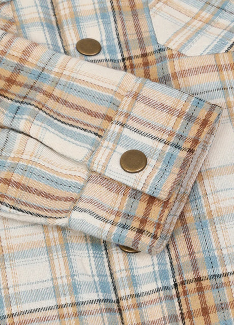 Close-up of cuff with button on kids blue beige flannel jacket 