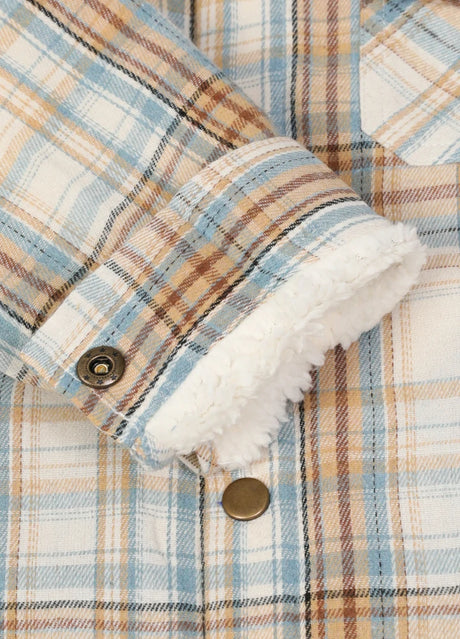  Close-up of the interior of kids blue beige flannel jacket with cuff