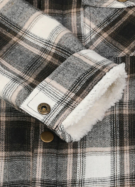 Kids white plaid flannel jacket with buttons and shirttail hemline detail