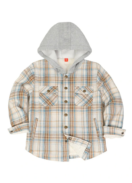 Front view of kids blue beige fleece-lined hooded flannel jacket