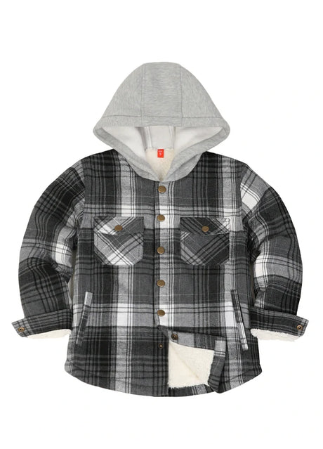 Front view of kids slate gray hooded flannel jacket