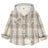 Front view of kids fleece-lined blue beige flannel jacket