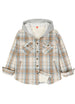 Front view of kids fleece-lined blue beige flannel jacket