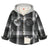 Front view of kids fleece-lined slate gray flannel jacket