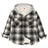 Front view of kids fleece-lined white plaid flannel jacket