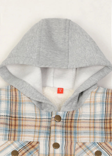 Detail of boys and girls blue beige flannel jacket with cozy hood