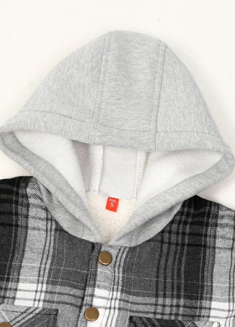 Detail of boys and girls slate gray flannel jacket with cozy hood