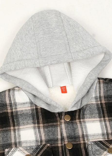 Detail of boys and girls white plaid flannel jacket with cozy hood