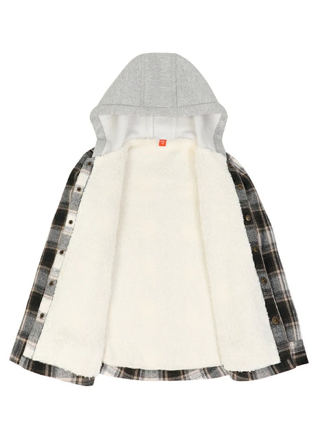 Soft fleece-lined detail on kids white plaid flannel jacket