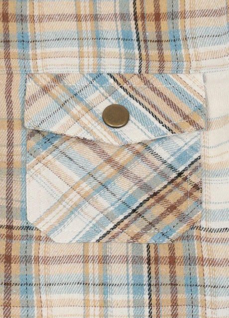 Detail view of kids blue beige flannel jacket pocket with button