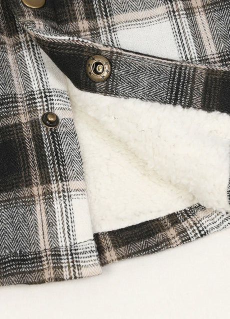  Close-up of the interior of kids white plaid flannel jacket with cuff