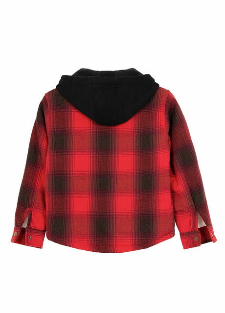 Back view of kids red hooded flannel plaid jacket