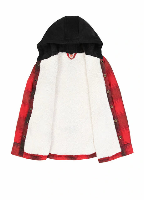 Soft fleece-lined detail on kids red hooded flannel jacket