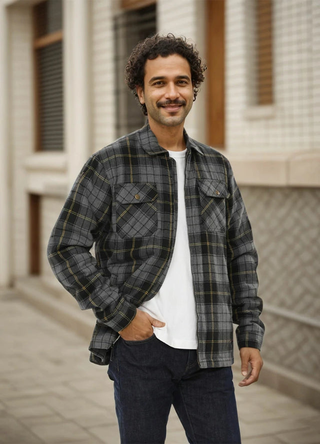 Front view of a man in ashen gold men's fleece lined flannel shirt jacket