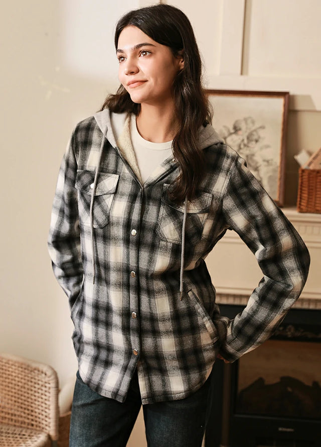 Women's Sherpa-Lined Snap Button Flannel Jacket with Fleece Hood