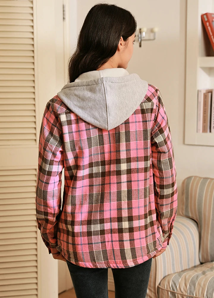Women's Sherpa-Lined Snap Button Flannel Jacket with Fleece Hood-Pink