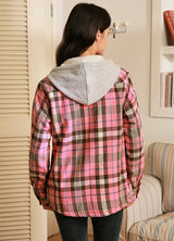 Women's Sherpa-Lined Snap Button Flannel Jacket with Fleece Hood