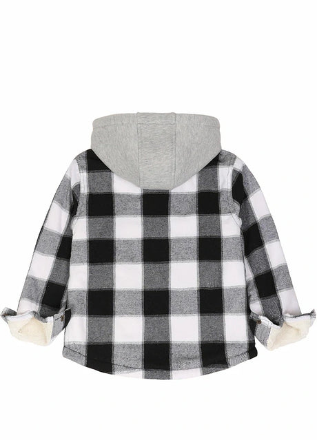 Back view of kids black grey sherpa lined flannel jacket