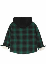 Back view of kids dark green full zip flannel jacket