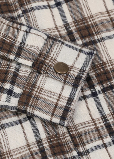 Close-up of kids brown white full zip flannel jacket with cuffs