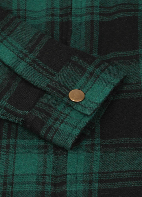 Close-up of kids dark green hooded flannel jacket cuff with button