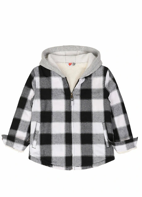 Front view of kids black grey sherpa lined flannel jacket