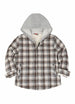 Front view of kids brown white sherpa lined flannel jacket with hood